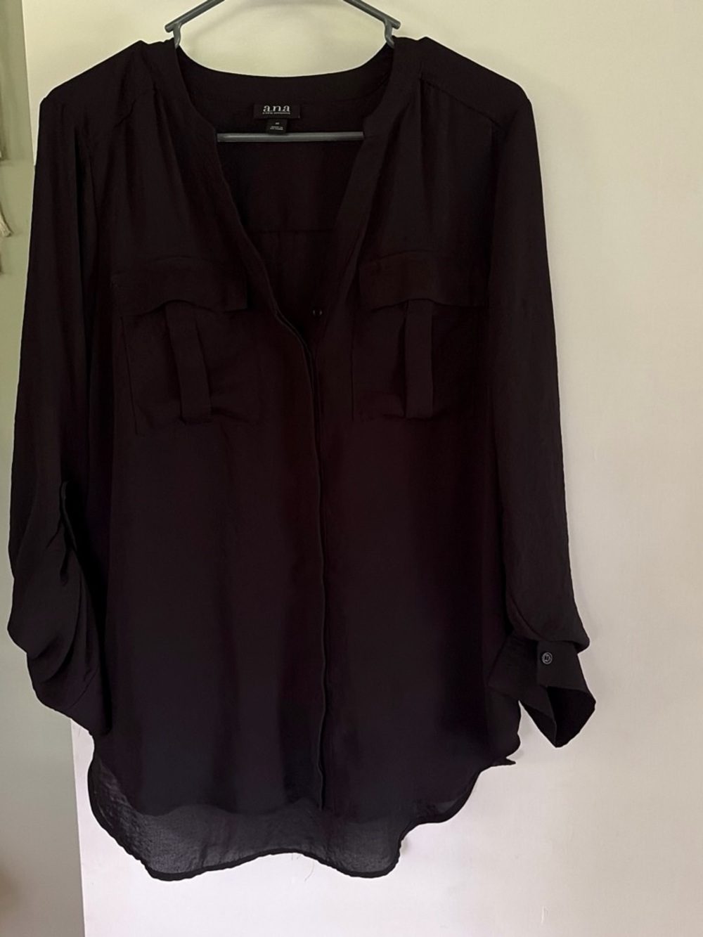 anna Black Long-Sleeve Button-Front Utility Blouse